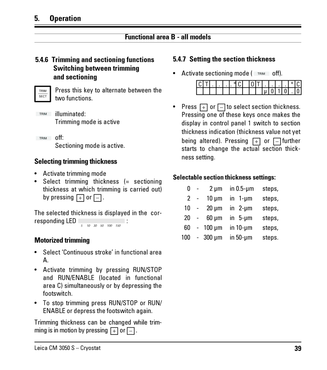 Leica CM3050 S instruction manual Selecting trimming thickness, Motorized trimming, Setting the section thickness 