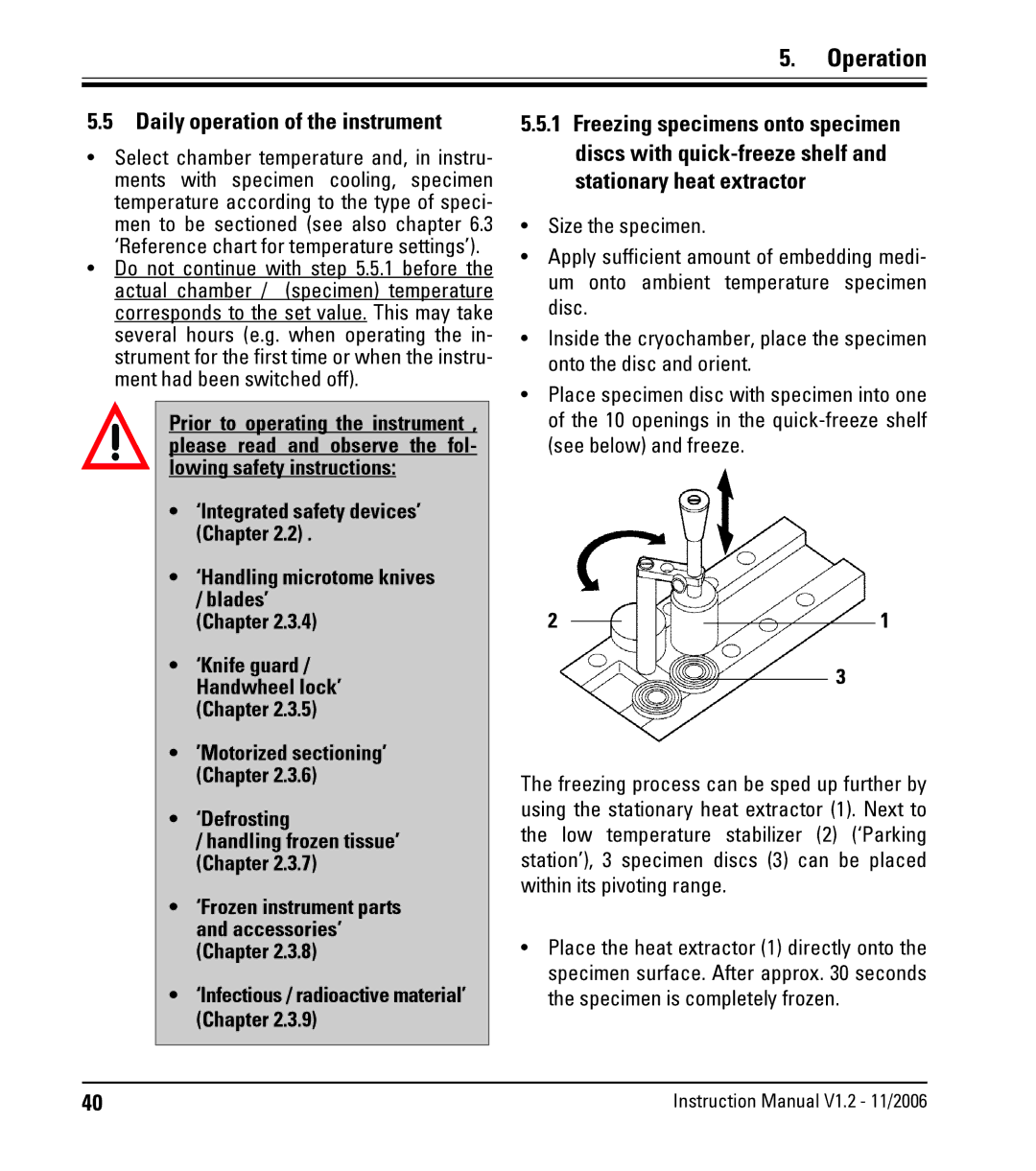 Leica CM3050 S instruction manual Daily operation of the instrument, ‘Knife guard / Handwheel lock’ Chapter 