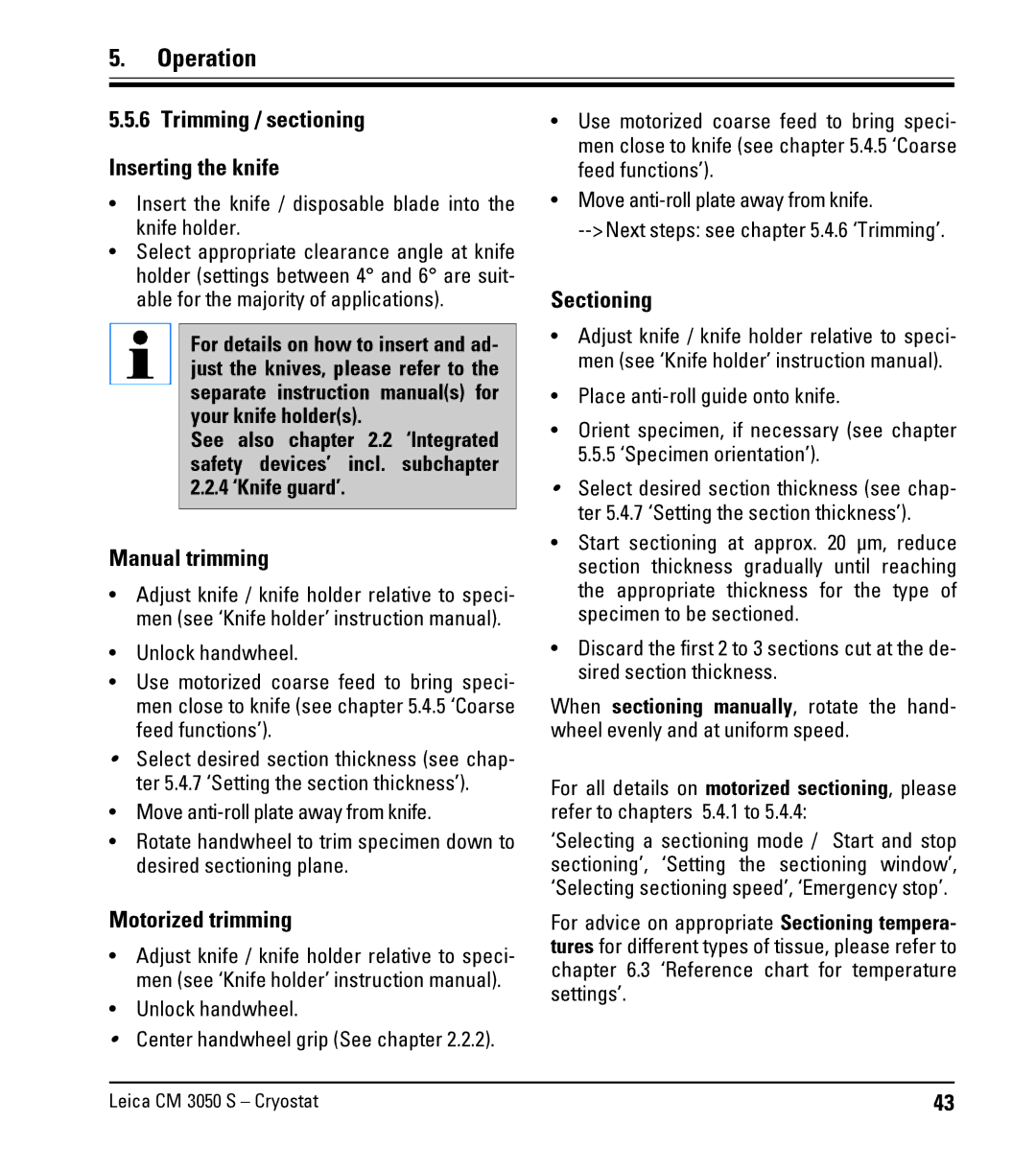 Leica CM3050 S instruction manual Trimming / sectioning Inserting the knife, Manual trimming, Sectioning 