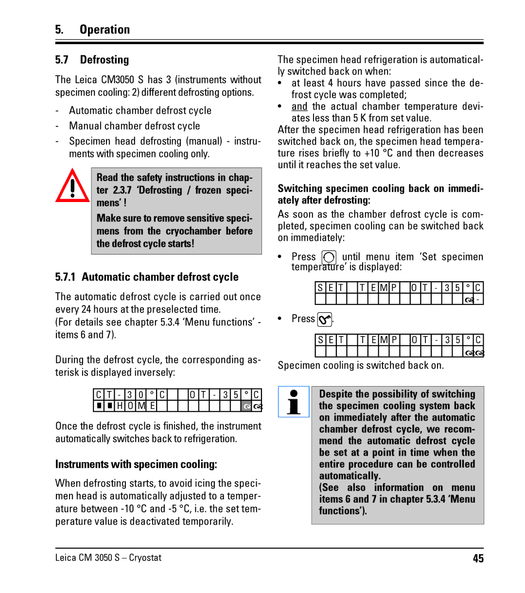 Leica CM3050 S instruction manual Defrosting, Automatic chamber defrost cycle, Instruments with specimen cooling 