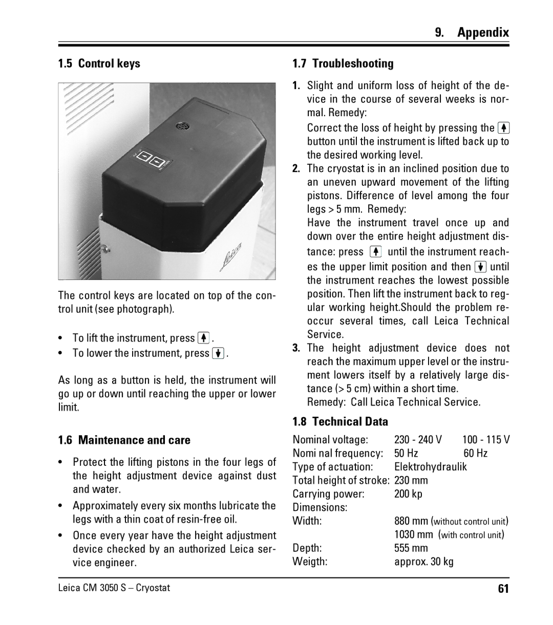 Leica CM3050 S instruction manual Control keys, Maintenance and care, Troubleshooting 