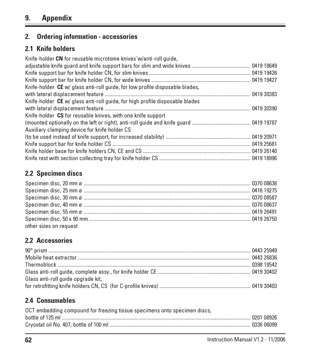 Leica CM3050 S instruction manual Ordering information accessories Knife holders, Specimen discs, Accessories, Consumables 