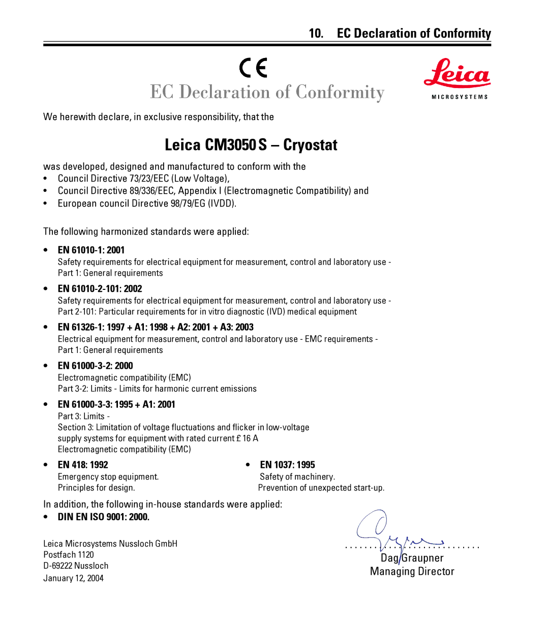 Leica CM3050 S instruction manual EC Declaration of Conformity, Dag Graupner Managing Director 