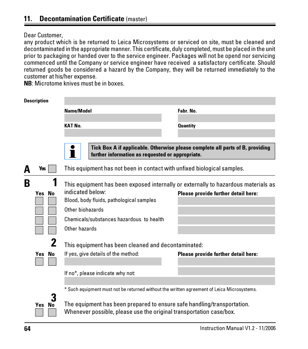 Leica CM3050 S instruction manual Decontamination Certificate master, Dear Customer, NB Microtome knives must be in boxes 