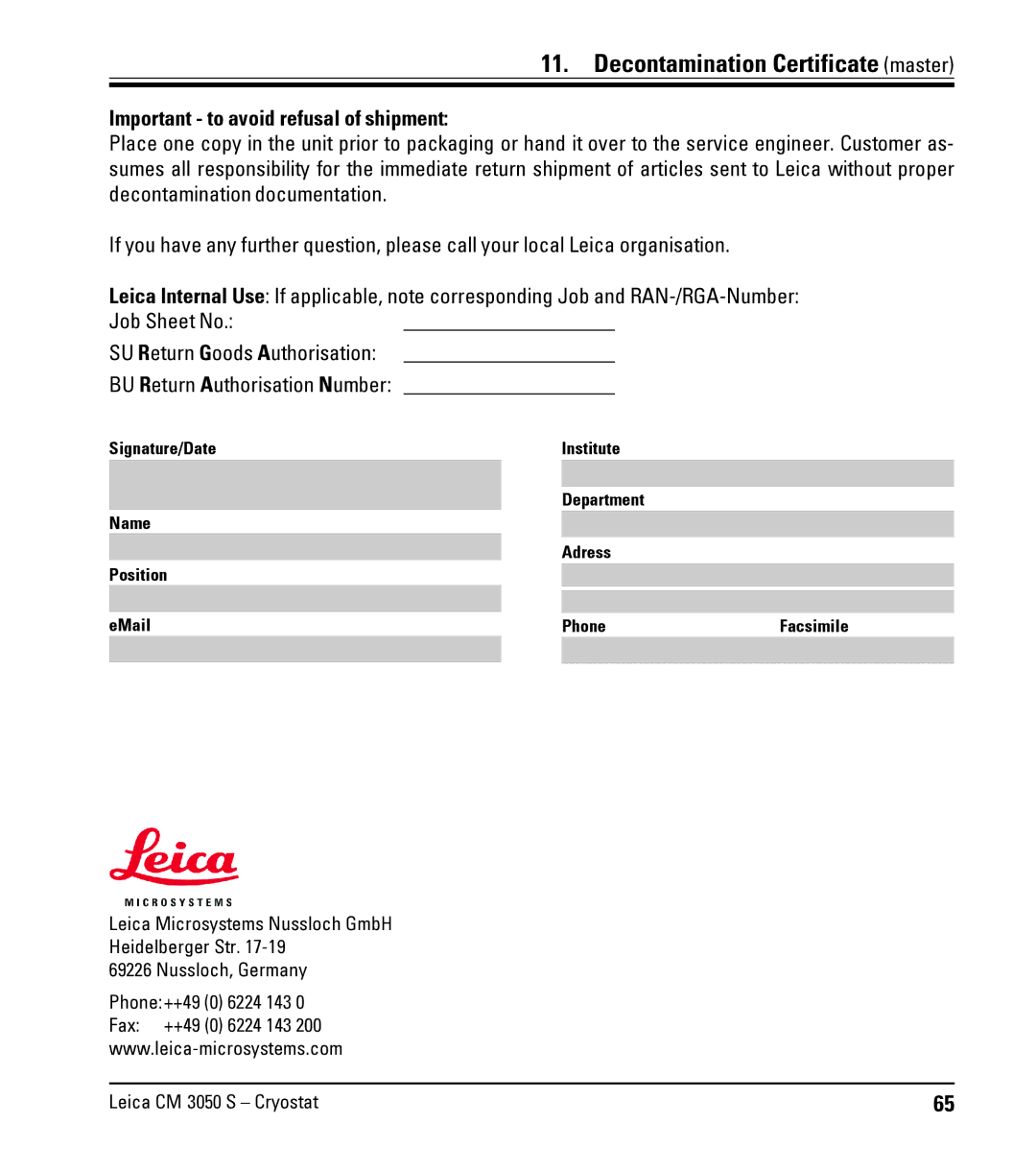 Leica CM3050 S instruction manual BU Return Authorisation Number 