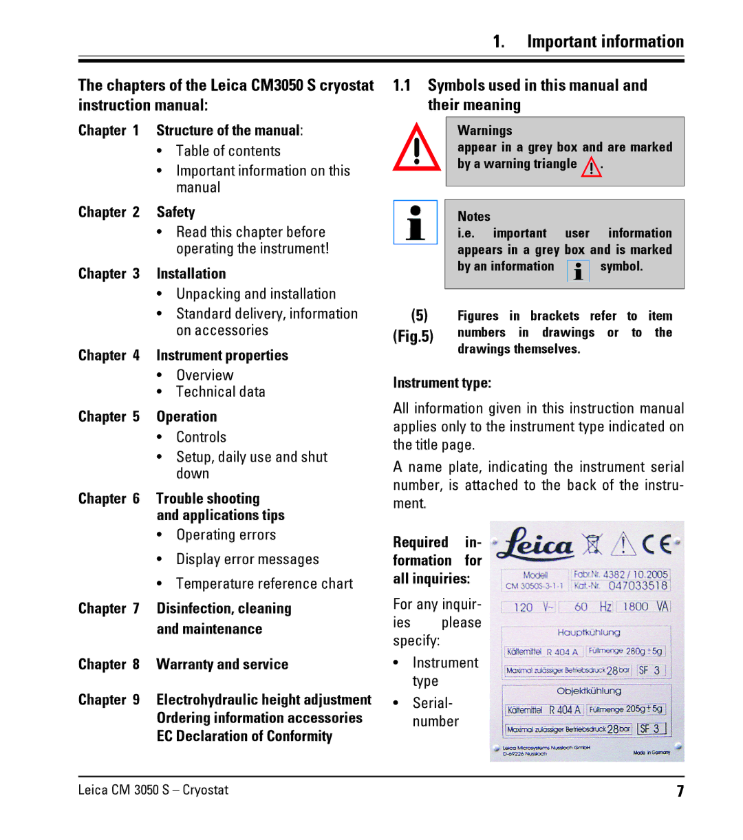 Leica CM3050 S instruction manual Important information, Symbols used in this manual and their meaning, Serial- number 