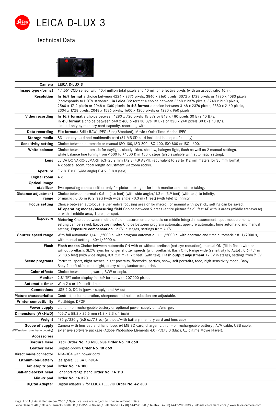 Leica Compact Cameras dimensions Image type/format, Resolution, Video recording, Data recording, Storage media, Lens 