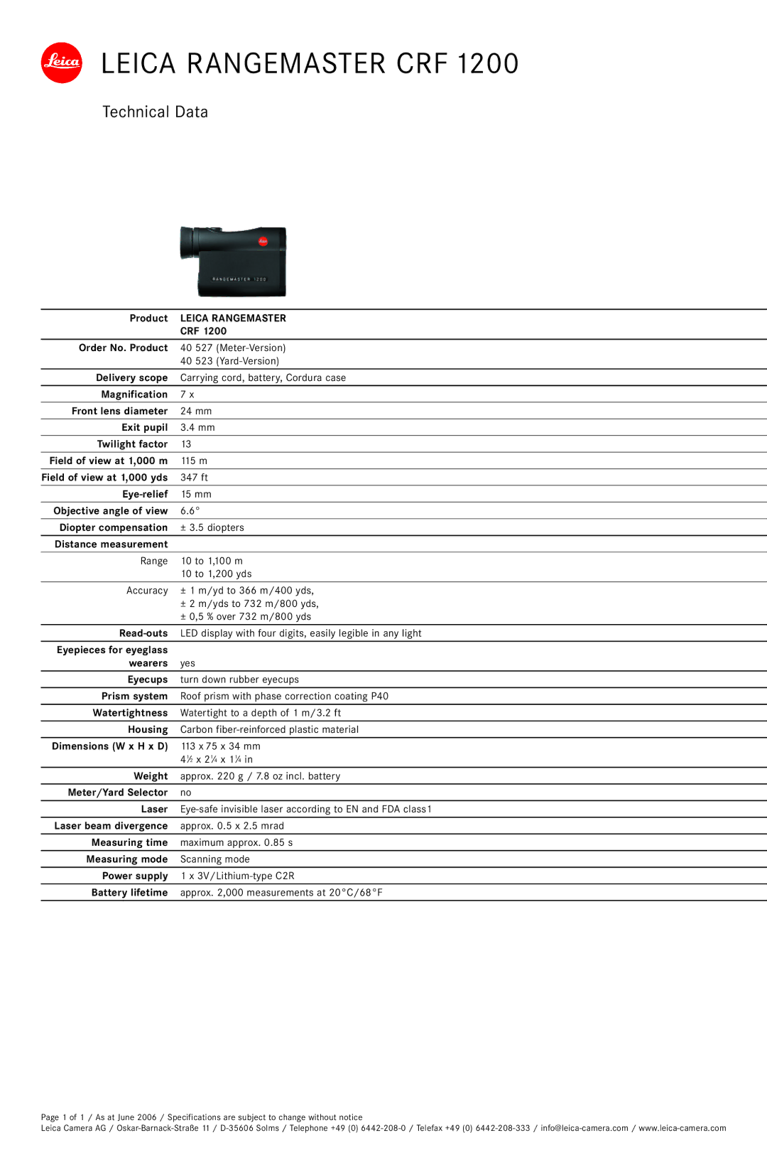 Leica CRF 1200 specifications Leica Rangemaster CRF, Technical Data 