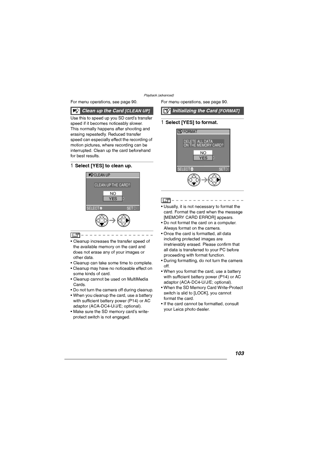 Leica D-Lux 2 103, Clean up the Card Clean UP, Select YES to clean up, Initializing the Card Format, Select YES to format 