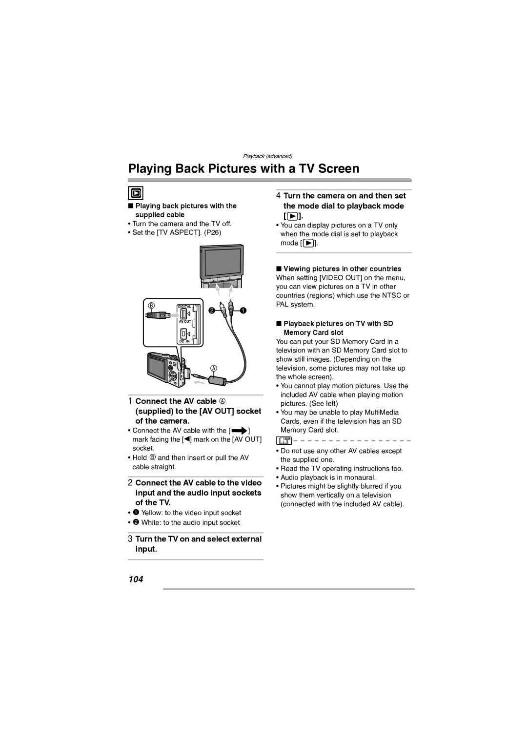 Leica D-Lux 2 manual Playing Back Pictures with a TV Screen, 104, Turn the TV on and select external input 