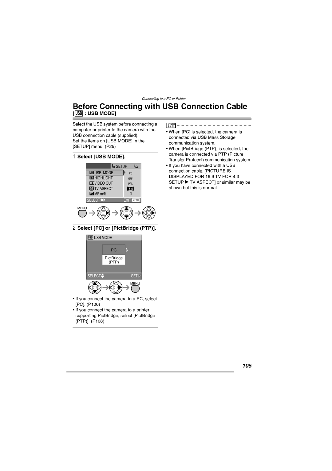 Leica D-Lux 2 manual Before Connecting with USB Connection Cable, 105, Select USB Mode, Select PC or PictBridge PTP 