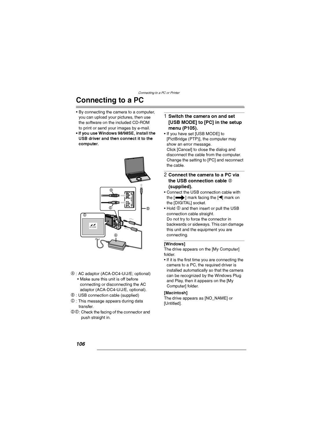 Leica D-Lux 2 manual Connecting to a PC, 106,  , Windows, Macintosh 