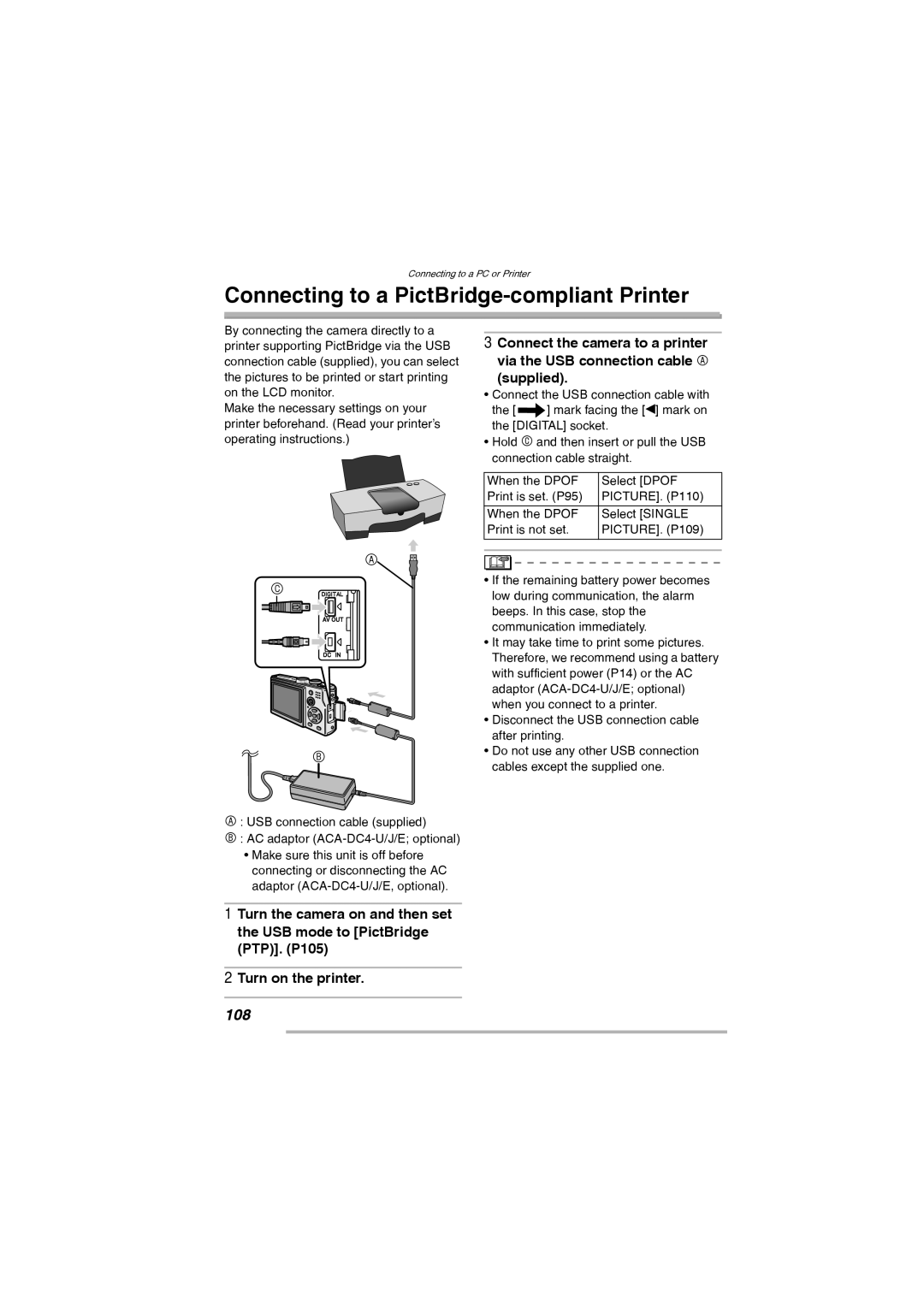 Leica D-Lux 2 manual Connecting to a PictBridge-compliant Printer, 108 