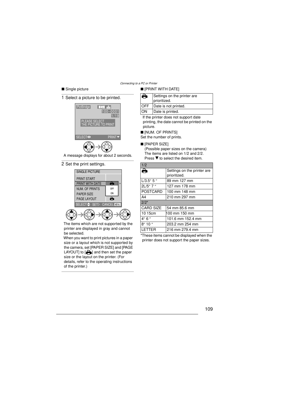 Leica D-Lux 2 manual 109, Select a picture to be printed, Set the print settings, Single picture 