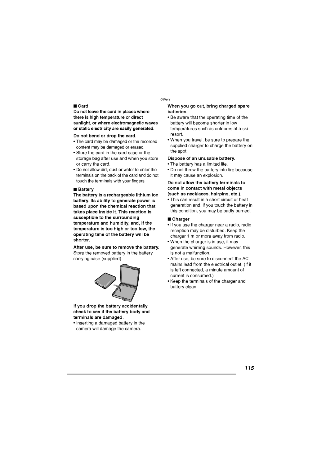 Leica D-Lux 2 manual 115, Do not bend or drop the card, When you go out, bring charged spare batteries, Charger 