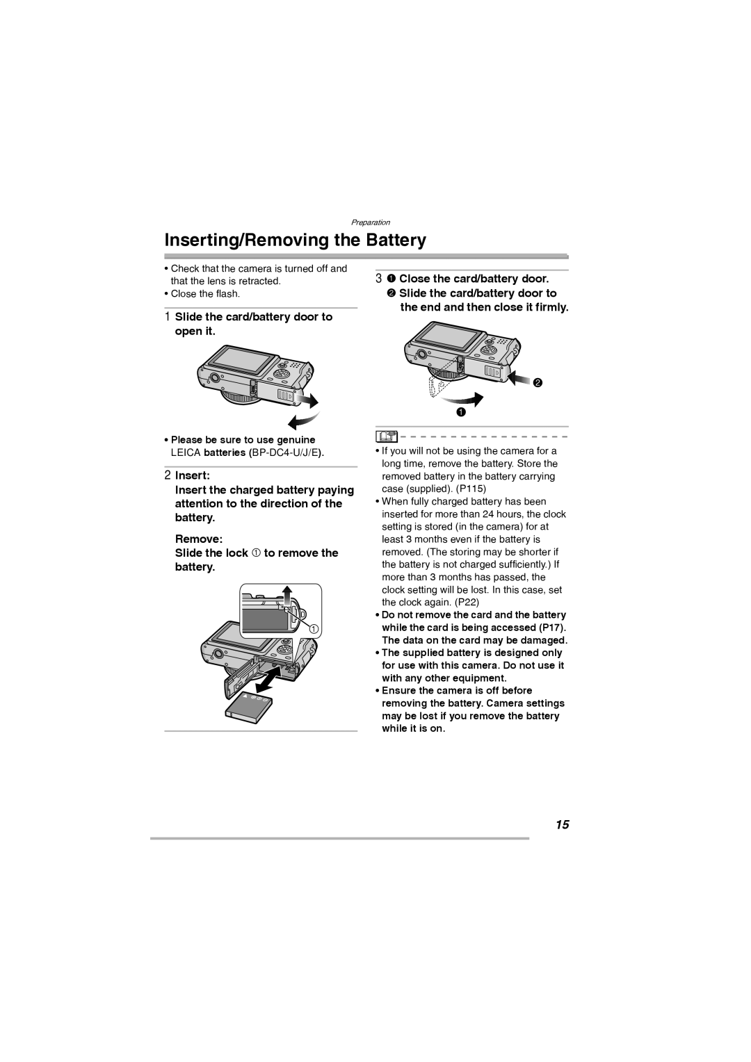 Leica D-Lux 2 manual Inserting/Removing the Battery 