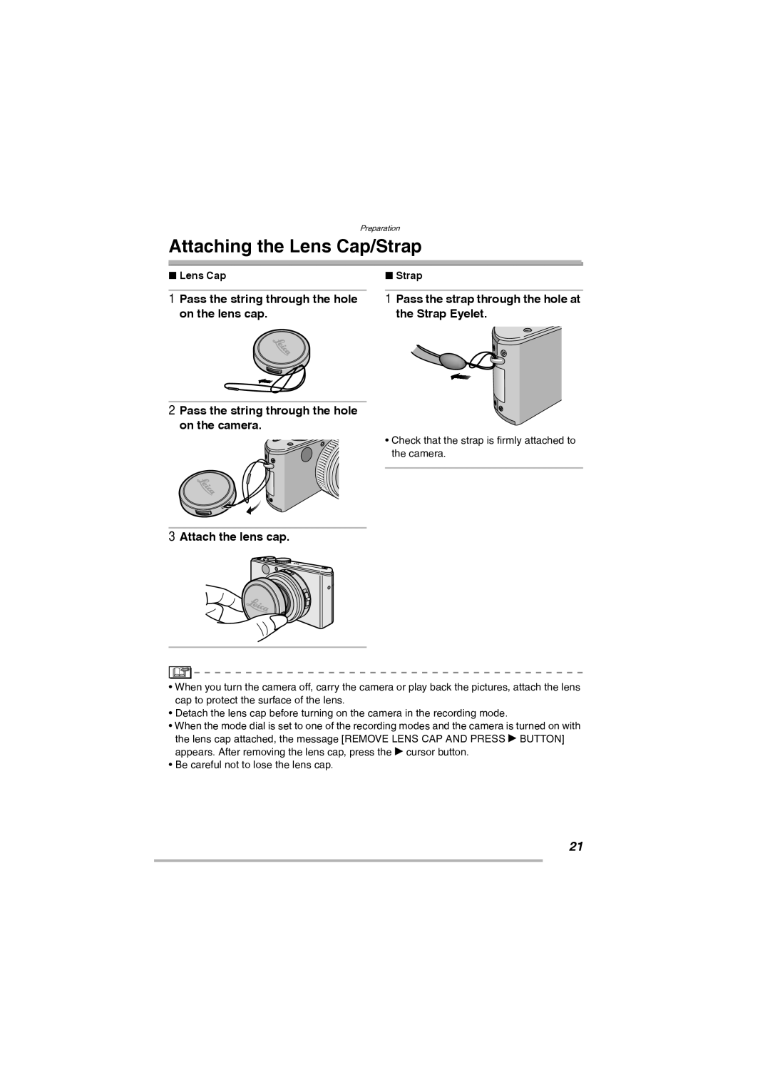 Leica D-Lux 2 manual Attaching the Lens Cap/Strap, Pass the strap through the hole at the Strap Eyelet, Attach the lens cap 