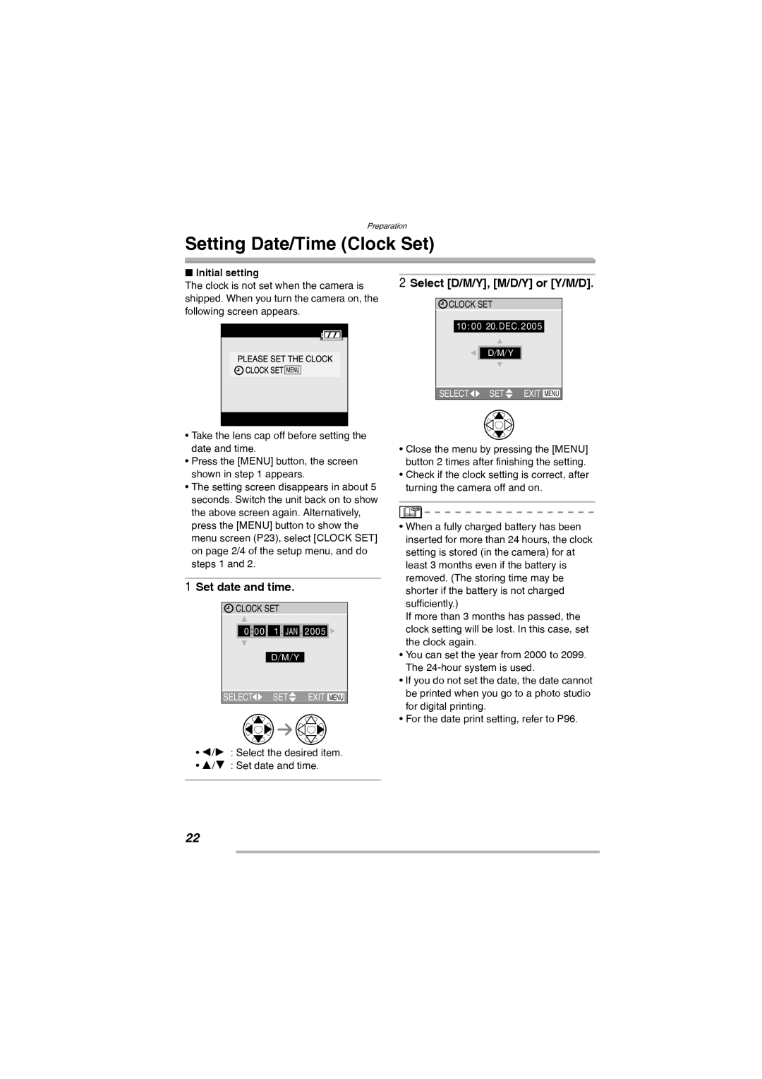 Leica D-Lux 2 manual Setting Date/Time Clock Set, Select D/M/Y, M/D/Y or Y/M/D, Set date and time, Initial setting 