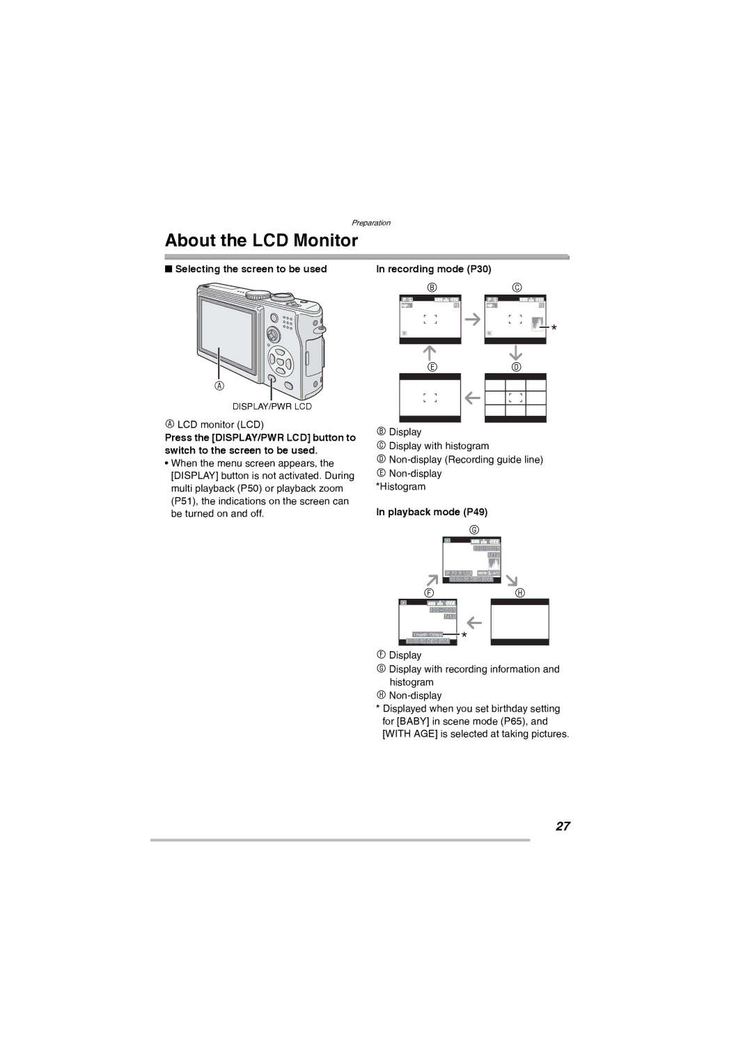 Leica D-Lux 2 manual About the LCD Monitor, Selecting the screen to be used, Playback mode P49 