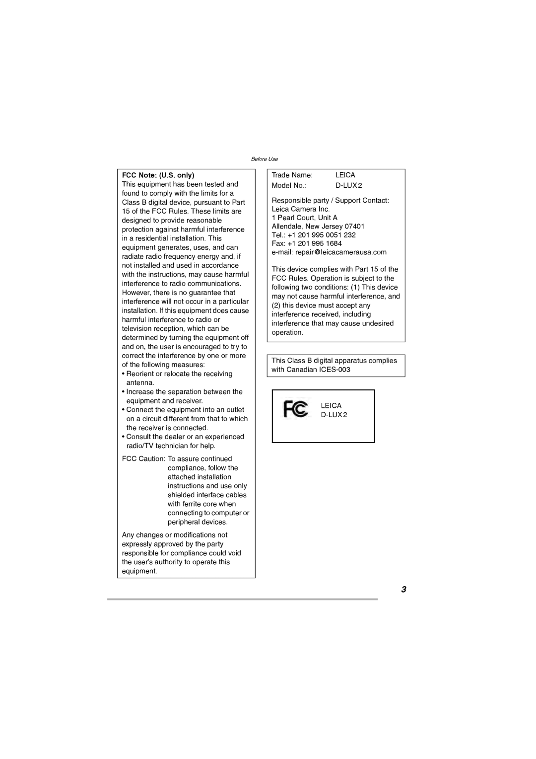 Leica D-Lux 2 manual FCC Note U.S. only, Leica LUX2 