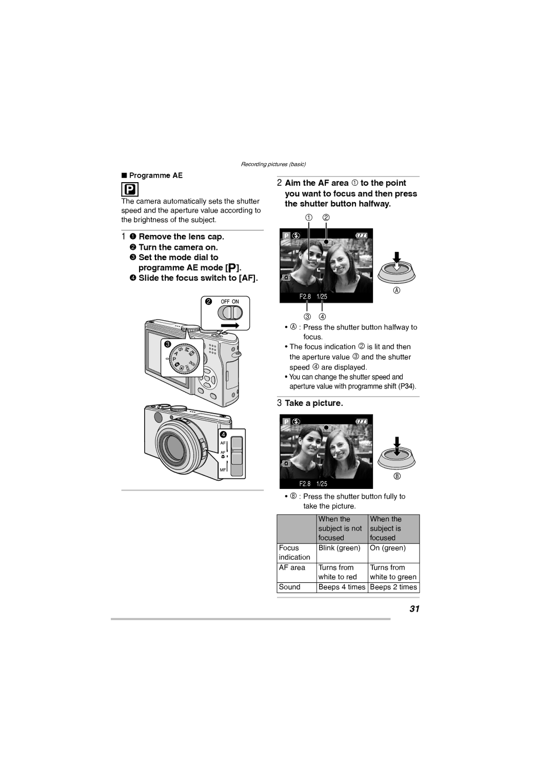 Leica D-Lux 2 manual Take a picture, Programme AE 