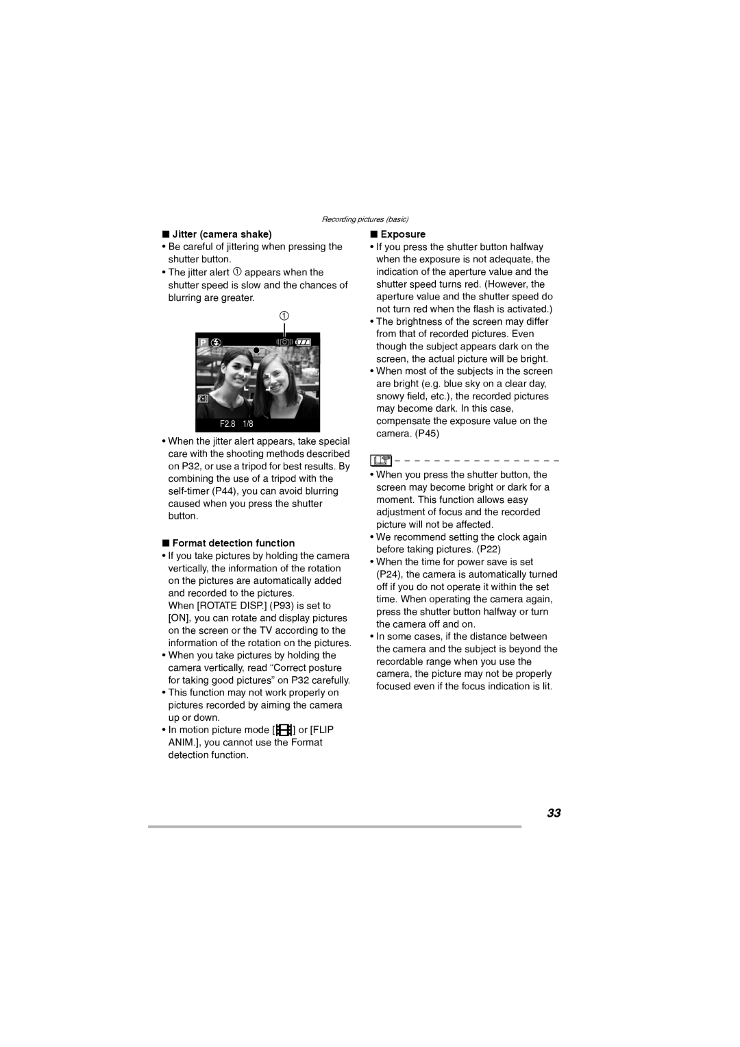 Leica D-Lux 2 manual Jitter camera shake, Format detection function, Exposure 