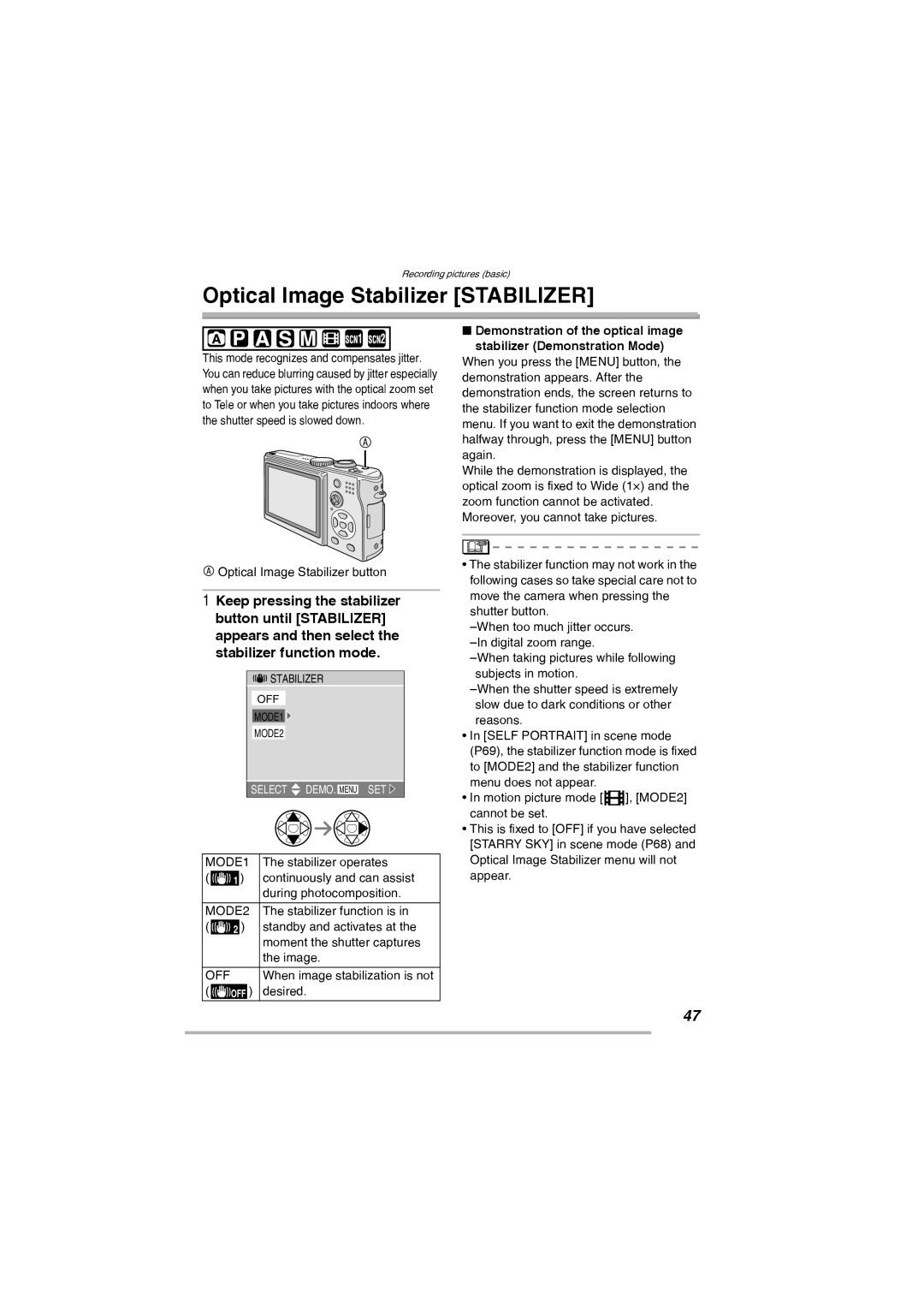 Leica D-Lux 2 manual Optical Image Stabilizer Stabilizer, MODE1, MODE2 