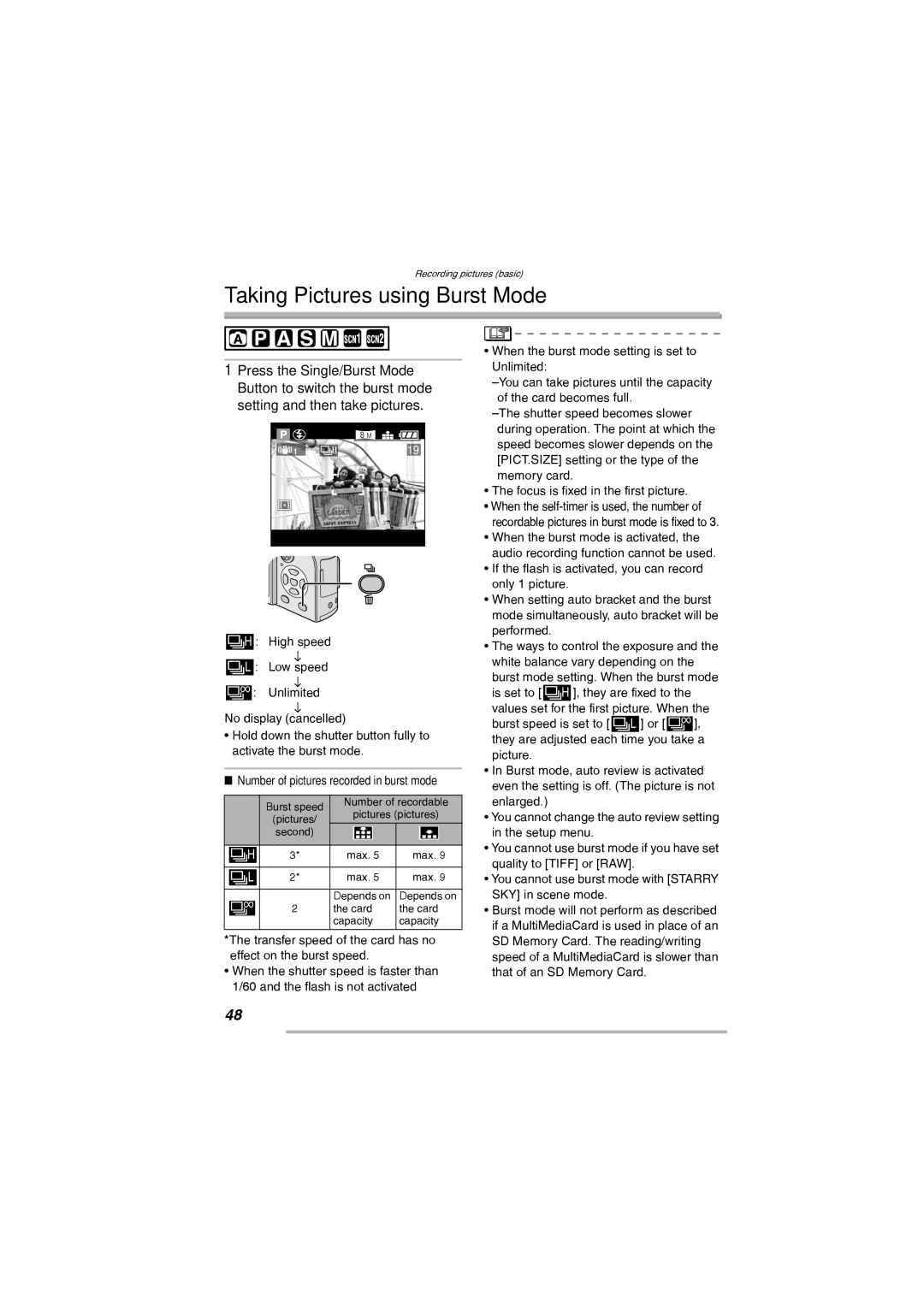 Leica D-Lux 2 manual Taking Pictures using Burst Mode, Number of pictures recorded in burst mode 