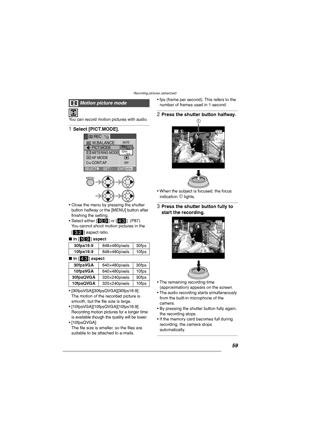 Leica D-Lux 2 manual Motion picture mode, Select PICT.MODE, Press the shutter button fully to start the recording 