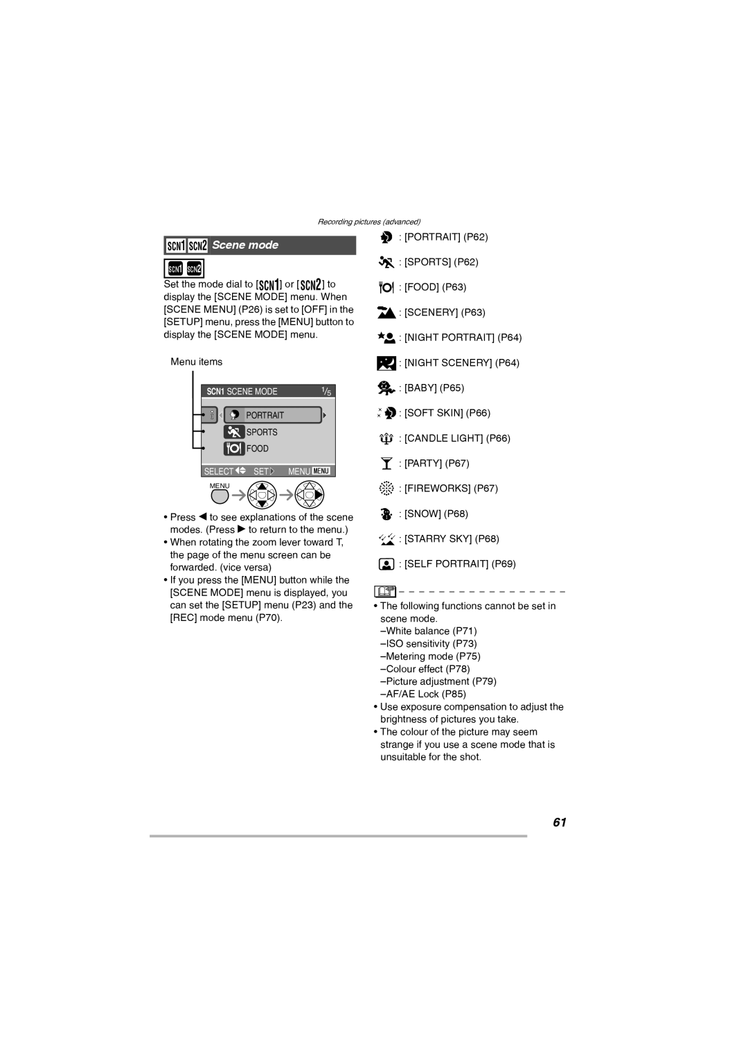 Leica D-Lux 2 manual RS Scene mode, Night Portrait P64 Night Scenery P64, Fireworks P67 