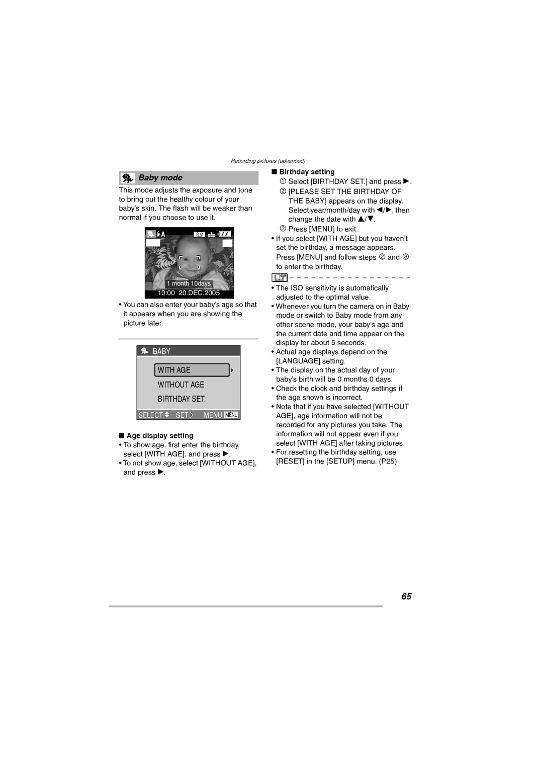 Leica D-Lux 2 manual Age display setting, Birthday setting 