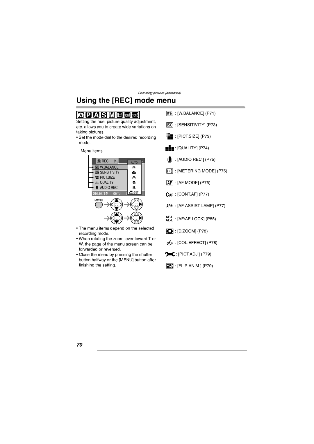 Leica D-Lux 2 manual Using the REC mode menu, Sensitivity P73, Metering Mode P75, AF Assist Lamp P77 