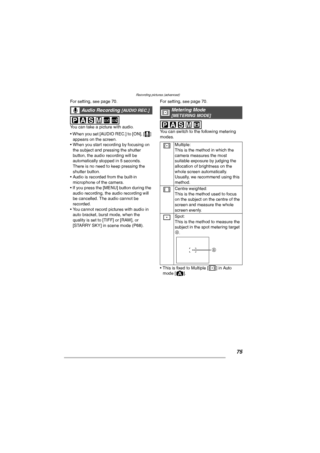 Leica D-Lux 2 manual Audio Recording Audio REC, Metering Mode 