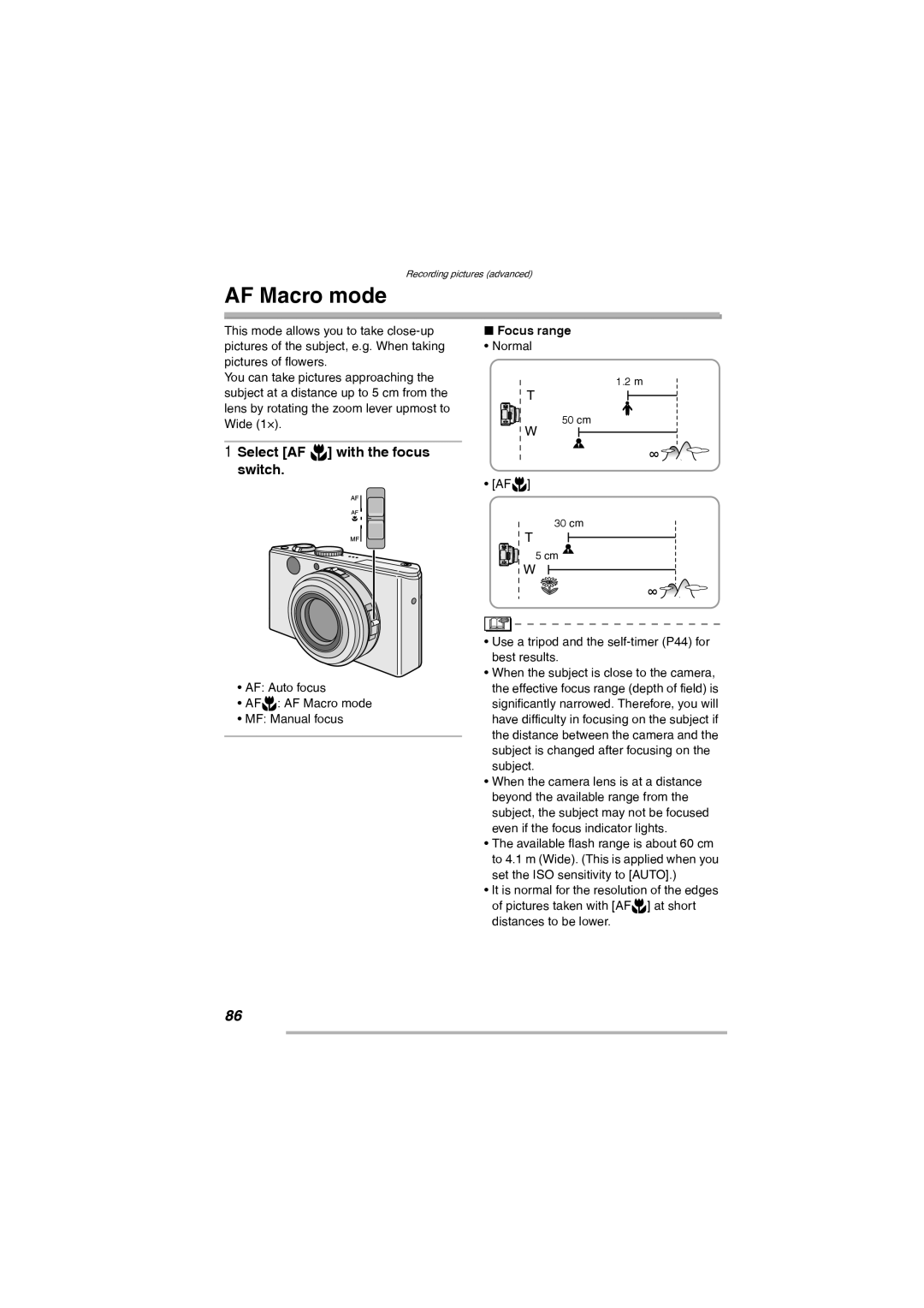 Leica D-Lux 2 manual AF Macro mode, Select AF w with the focus switch, Focus range 