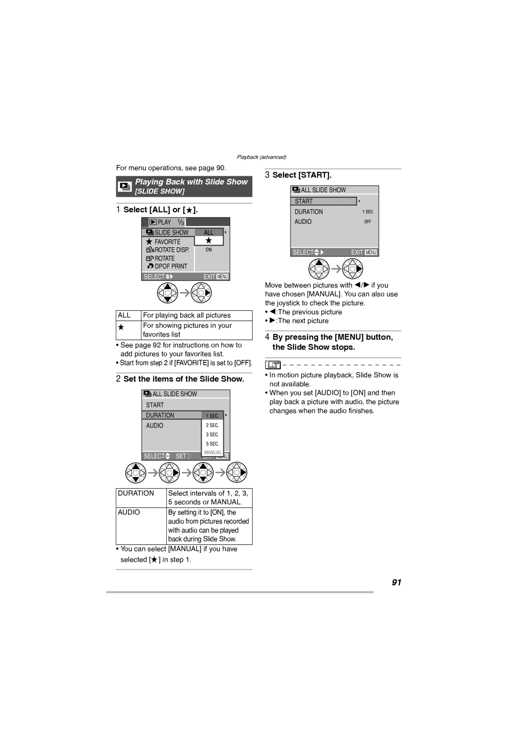 Leica D-Lux 2 manual Playing Back with Slide Show, Select ALL or, Select Start, Duration, Audio 