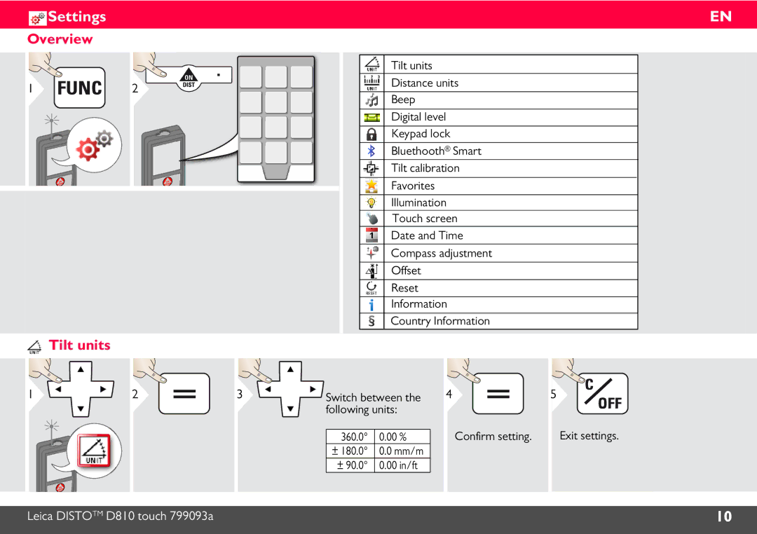 Leica 806648, DISTO D810 manual Settings, Tilt units 