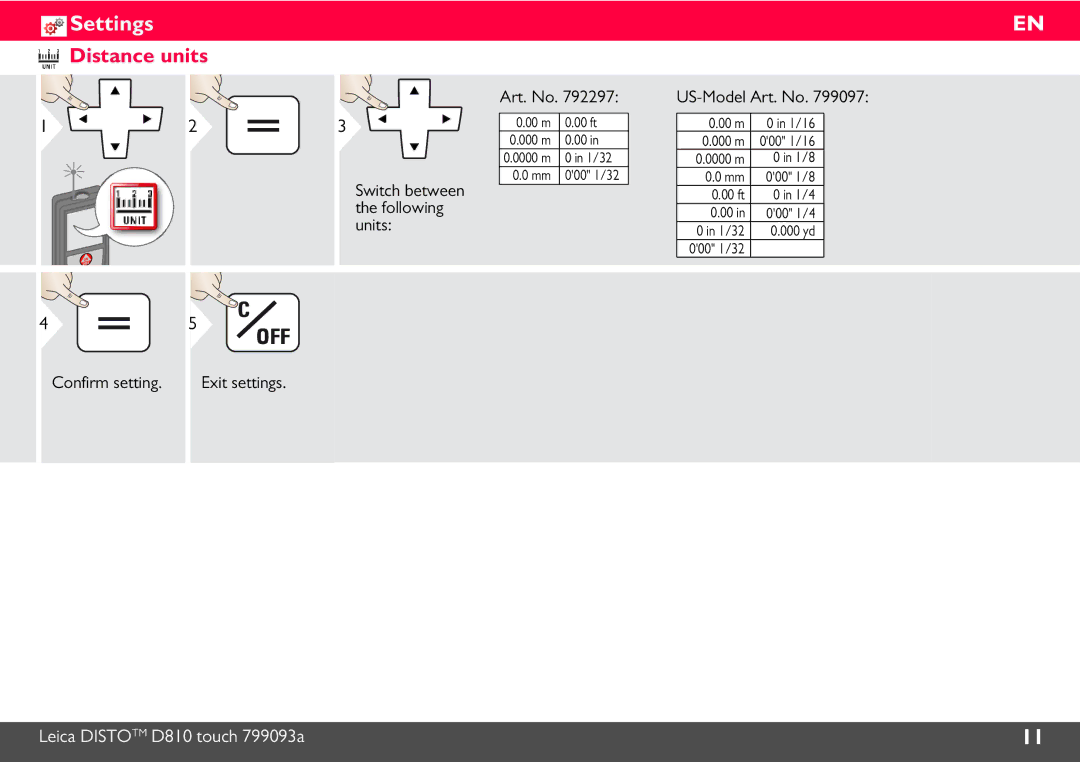 Leica DISTO D810, 806648 manual Distance units, Art. No US-Model Art. No, Switch between, Following, Units 