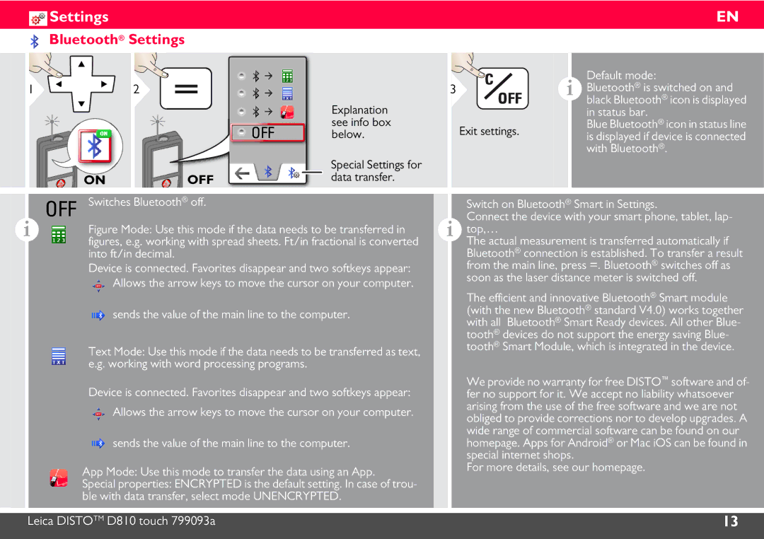 Leica DISTO D810, 806648 manual Bluetooth Settings 