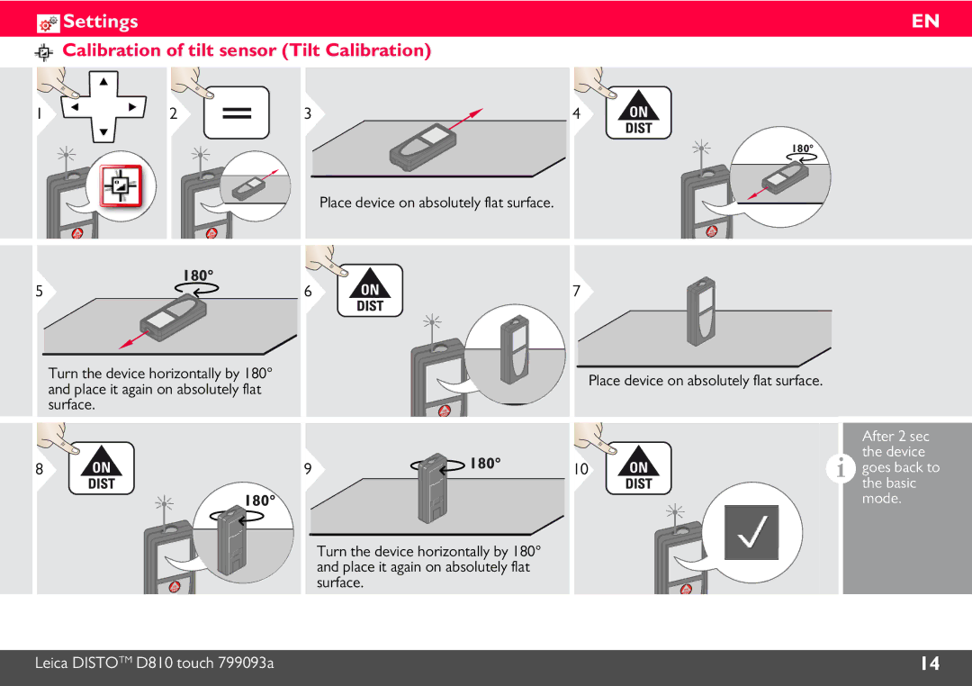 Leica 806648, DISTO D810 manual Calibration of tilt sensor Tilt Calibration, After 2 sec, Device, Basic, Mode 