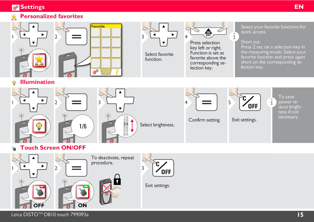 Leica DISTO D810, 806648 manual Personalized favorites, Illumination, Touch Screen ON/OFF 