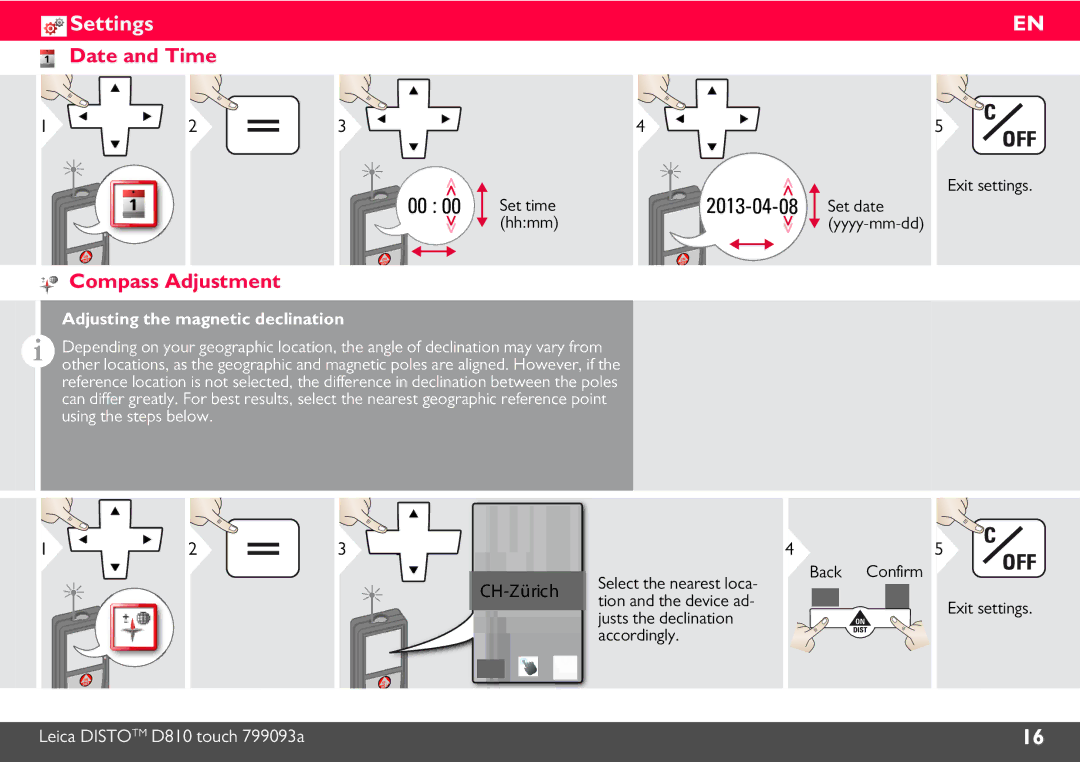 Leica 806648, DISTO D810 Date and Time, Compass Adjustment, Set time hhmm, Set date yyyy-mm-dd Exit settings, Back Confirm 