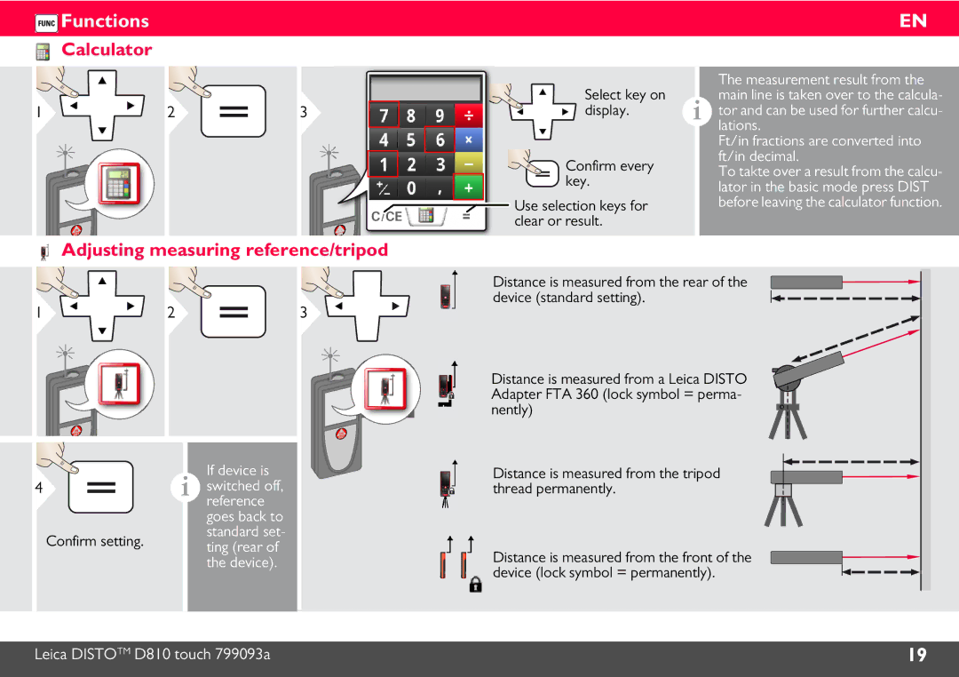 Leica DISTO D810, 806648 manual Calculator, Adjusting measuring reference/tripod, If device is, Reference, Ting rear 