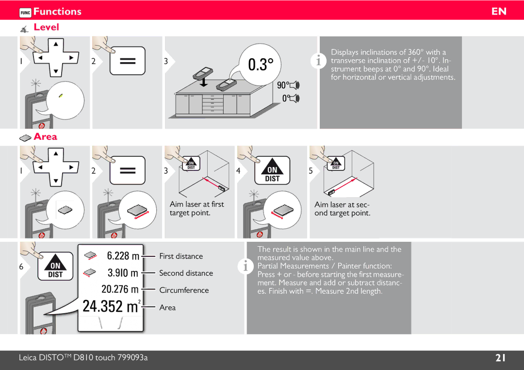 Leica DISTO D810, 806648 manual Level, Area 
