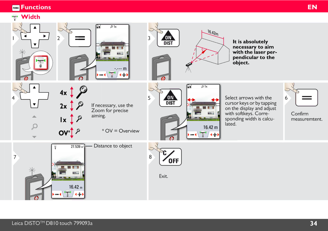 Leica 806648, DISTO D810 manual Width, If necessary, use, Zoom for precise, Aiming, Distance to object 