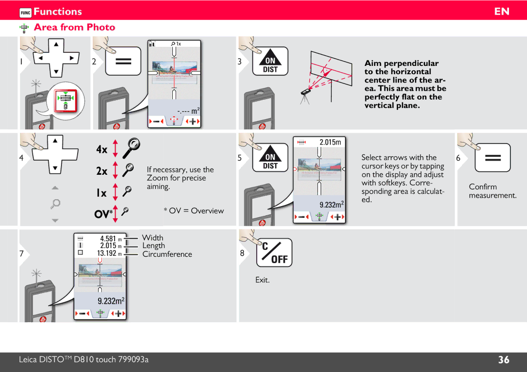 Leica 806648 Area from Photo, Select arrows with If necessary, use, Zoom for precise With softkeys. Corre Aiming Confirm 