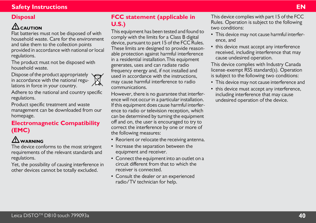 Leica 806648, DISTO D810 manual Disposal, Electromagnetic Compatibility EMC, FCC statement applicable in U.S 