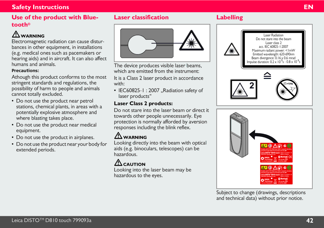 Leica 806648, DISTO D810 manual Use of the product with Blue- tooth, Laser classification, Labelling 