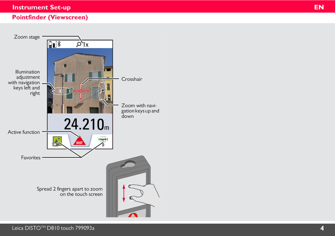 Leica 806648, DISTO D810 manual Pointfinder Viewscreen, Zoom stage, Active function Favorites 