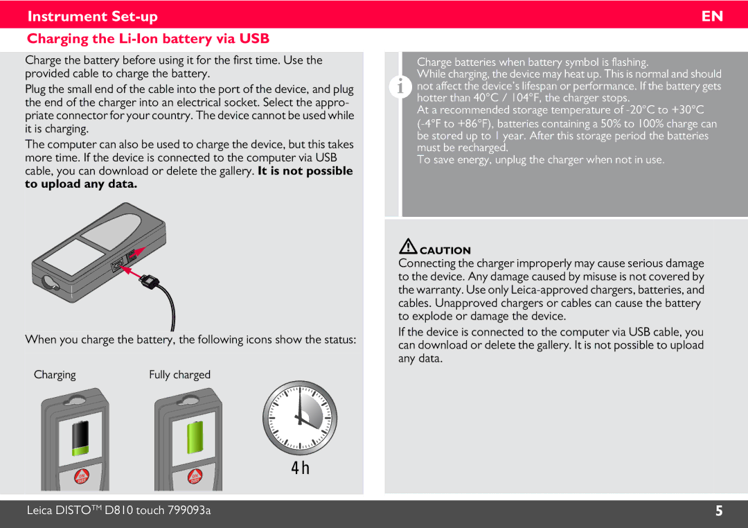 Leica DISTO D810, 806648 manual Charging the Li-Ion battery via USB, Charge batteries when battery symbol is flashing 