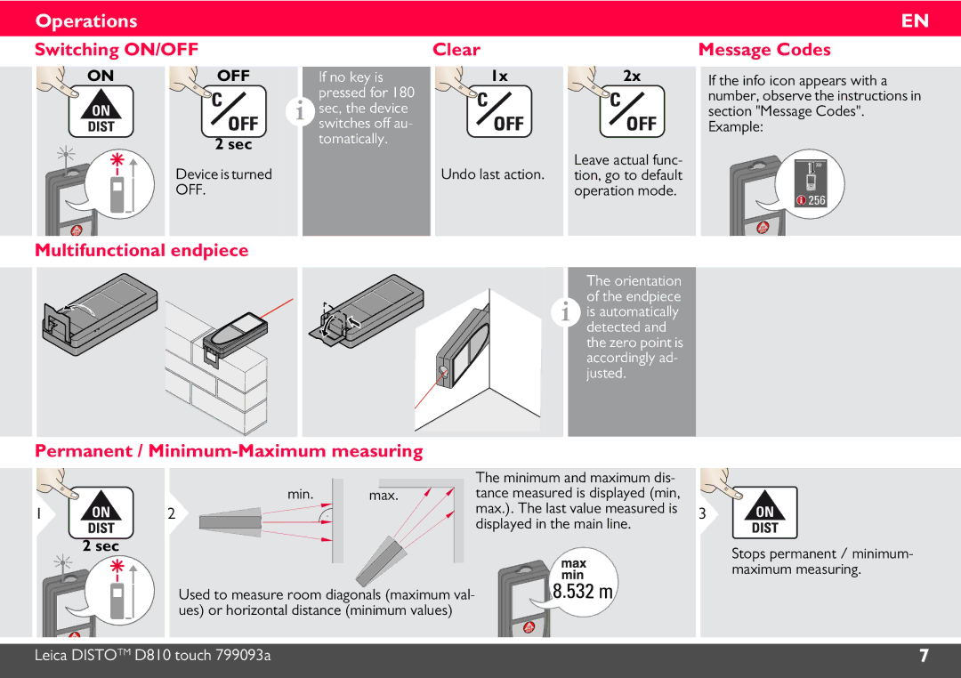 Leica DISTO D810 Switching ON/OFF Clear, Multifunctional endpiece, Permanent / Minimum-Maximum measuring, Undo last action 